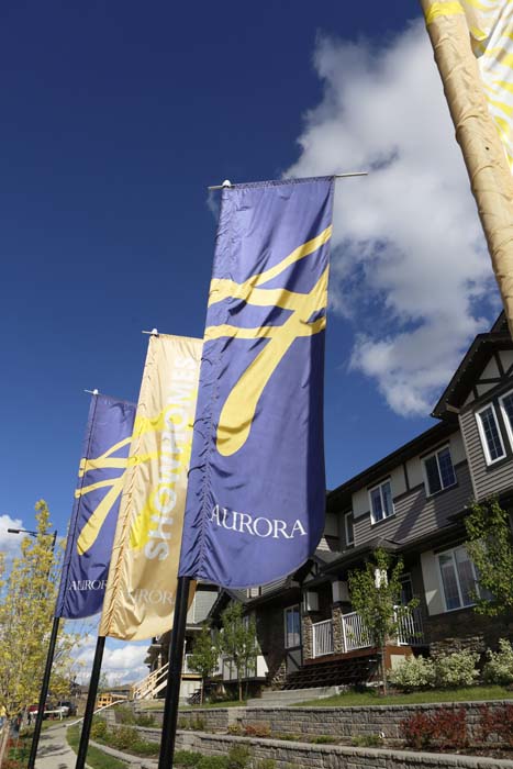 Against the blue sky, flags of the Aurora Community fly high along the entry way to the familiy friendly neighbourhood.